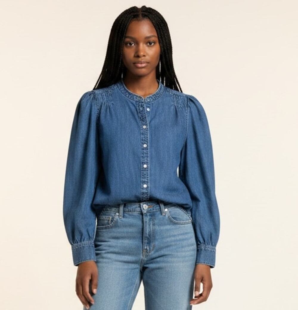 FRAME Charlie Top Denim Chambray Puff Sleeve Button Down Shirt Women S
